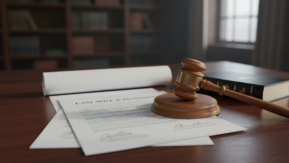 Close-up of legal documents and a gavel on a wooden table