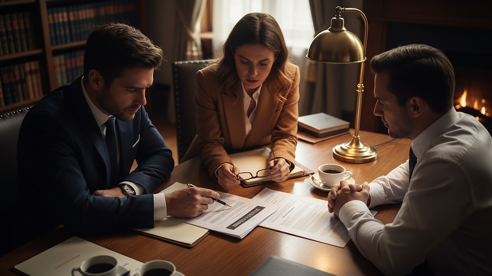 High angle view of a business meeting discussing legal documents