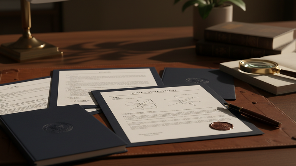 Eye-level view of official patent documents on a desk