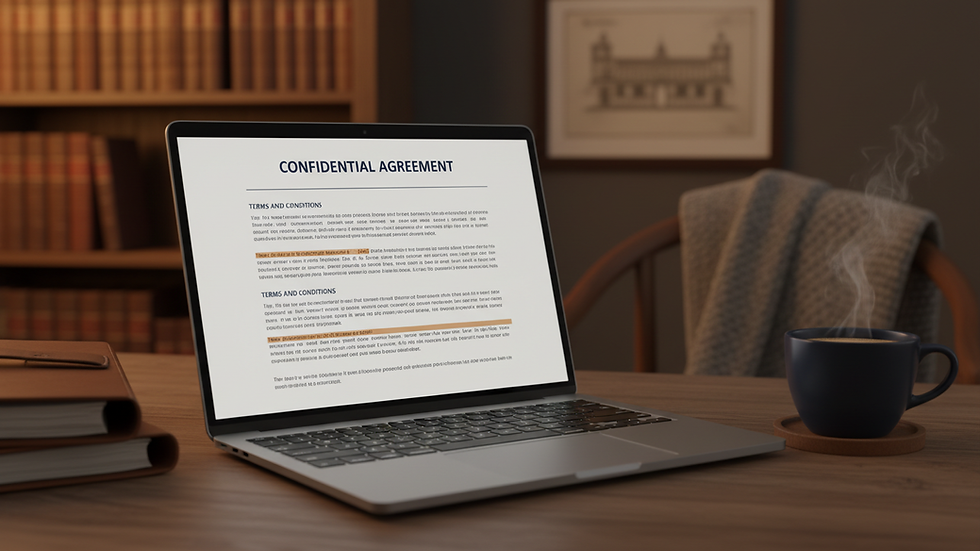 eye-level view of laptop with legal documents on screen