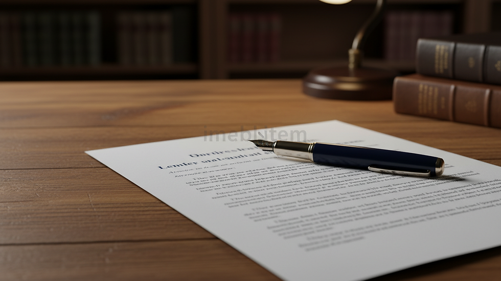 eye-level view of a legal document with a pen on a wooden table