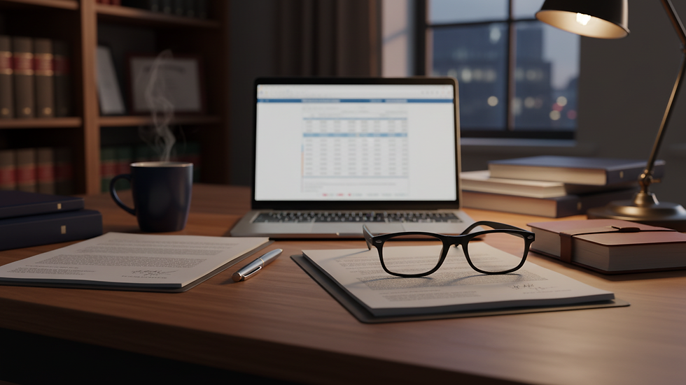 eye-level view of office desk with legal documents and laptop