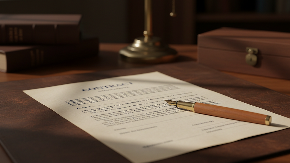 Close-up view of legal contract and pen on a desk