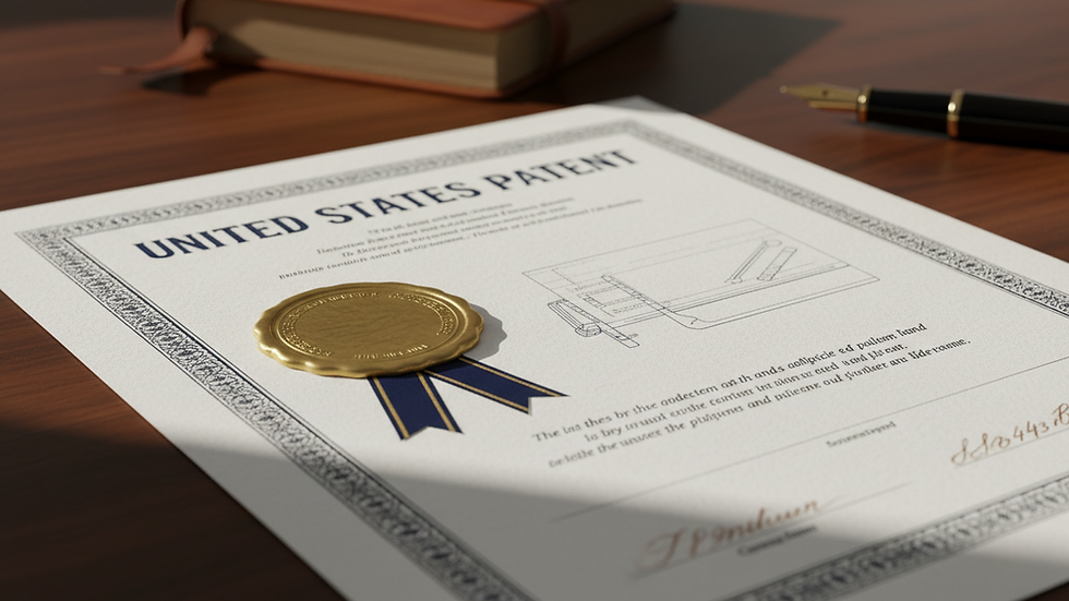 close-up of patent certificate on desk