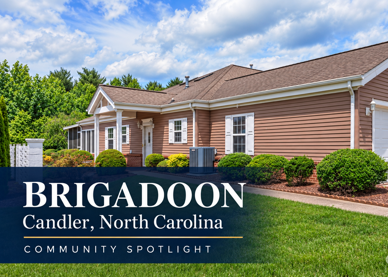 Tan suburban house with garage and lawn under blue sky; text says Brigadoon, Candler, North Carolina, Community Spotlight.