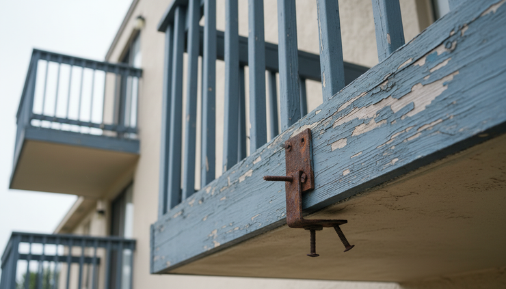 Close-up view of a weathered balcony railing on a residential building