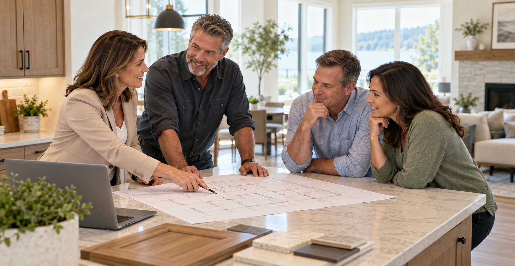 Homebuyers, a builder, and a real estate professional reviewing plans in a new home.