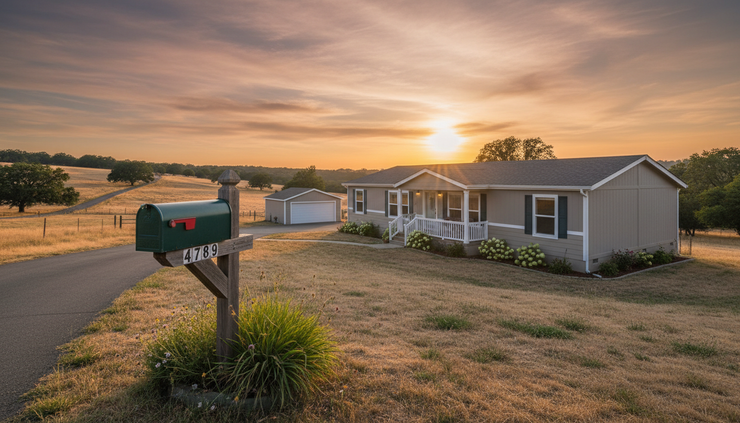 Wide-angle view of a manufactured home at sunset with a mailbox in the foreground.