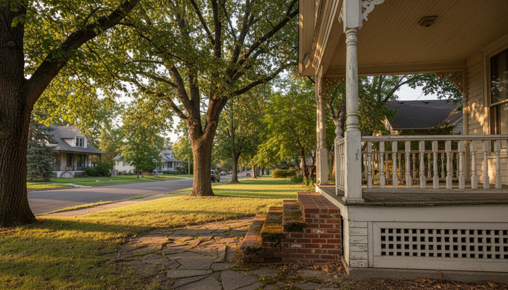 Close-up view of a historic Ogden home porch with wood details and mature trees