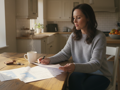 Eye-level view of a homeowner reviewing home sale papers at a kitchen table