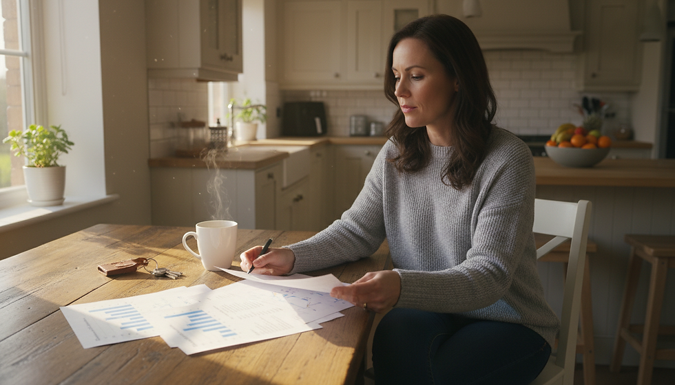 Eye-level view of a homeowner reviewing home sale papers at a kitchen table