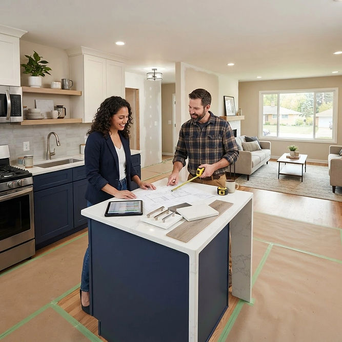 Investor and renovation contractor reviewing plans in a kitchen undergoing improvements.