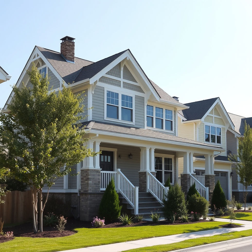 Sunlit suburban craftsman-style house with gray siding, white trim, front porch, manicured lawn, trees, and a calm blue sky