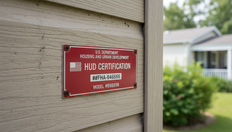 Close-up of a metal HUD label on the side of a manufactured home.