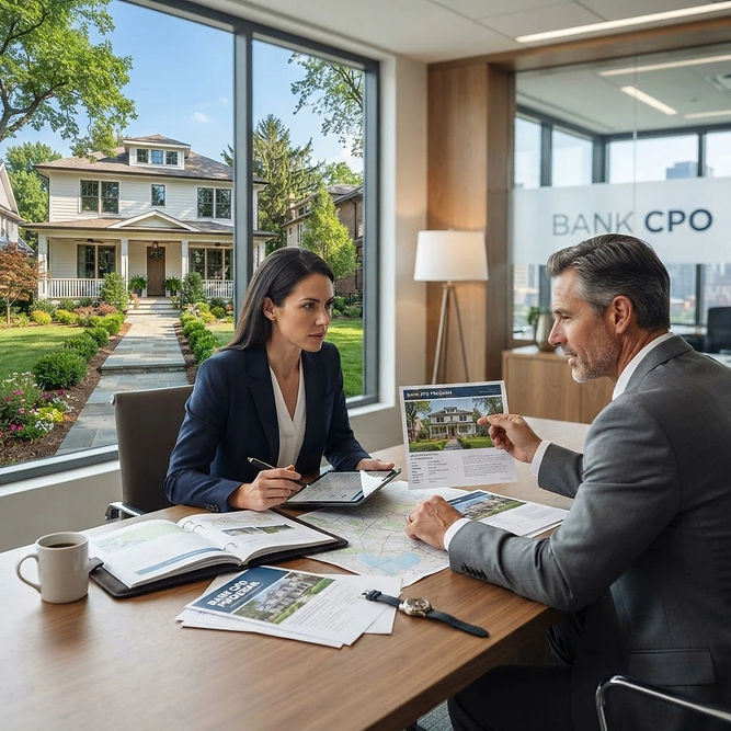 Bank asset manager and real estate professional reviewing property documents in a bright office.