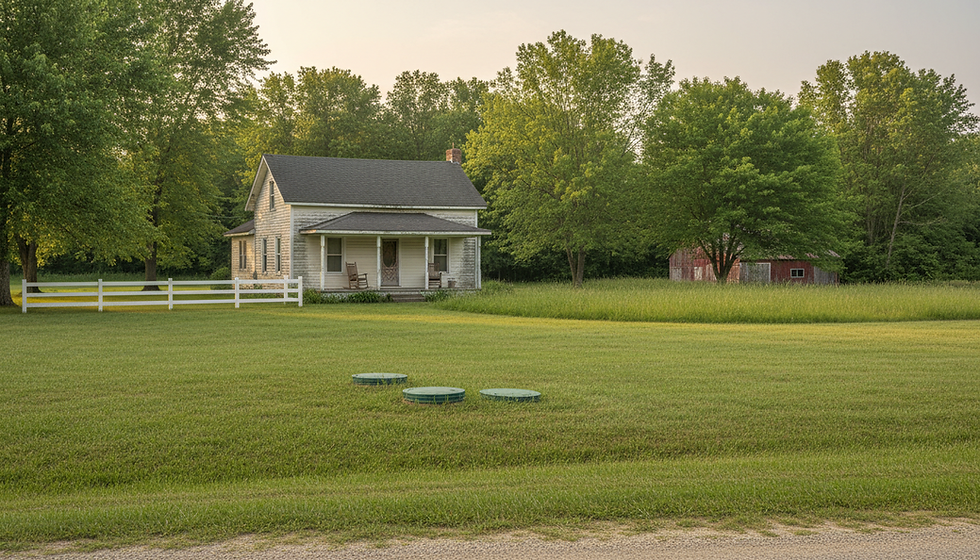 Wide-angle view of a rural home with a grassy yard where a septic system is installed.