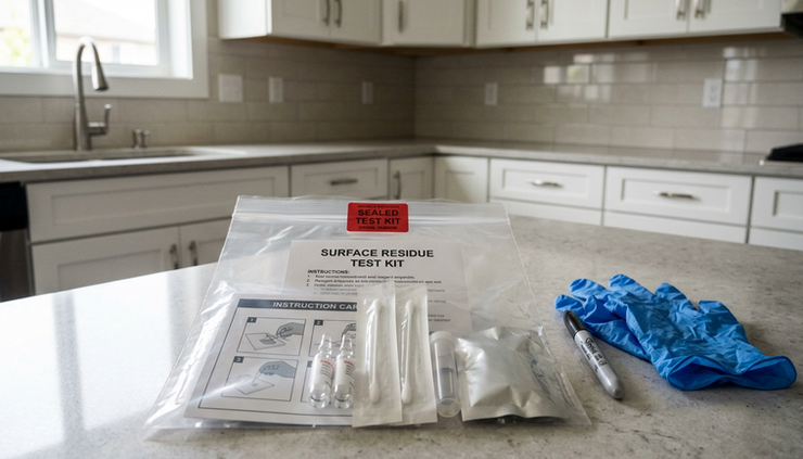 Close-up view of a sealed residential surface testing kit placed on a kitchen counter.