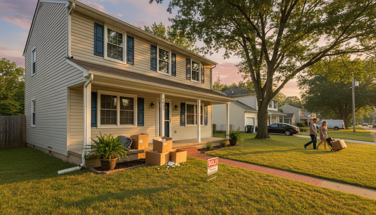 Wide-angle view of a modest home with a sold sign and moving boxes on the porch