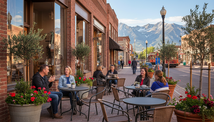 Eye-level view of a sidewalk cafe area on a historic Ogden street with brick buildings nearby