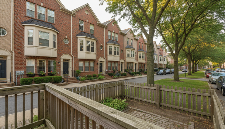 Eye-level view of a townhouse row with a small fenced common area
