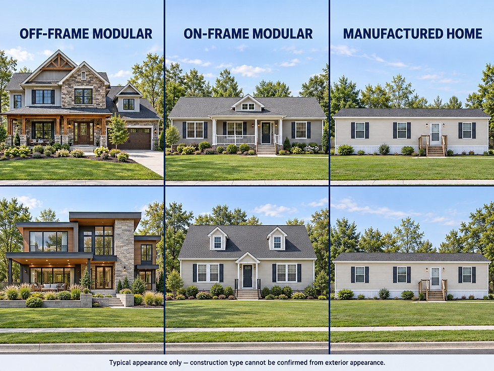 Grid of six suburban homes labeled off-frame modular, on-frame modular, and manufactured home; disclaimer below.