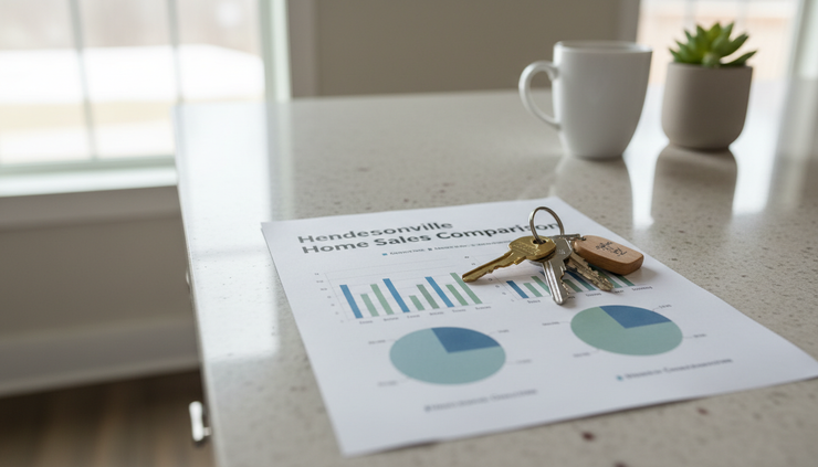 Close-up view of a printed home sale comparison sheet beside house keys on a kitchen counter.