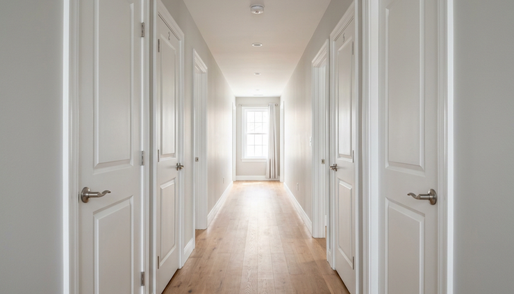 Eye-level view of a hallway with fresh paint, closed bedroom doors, and soft natural light.