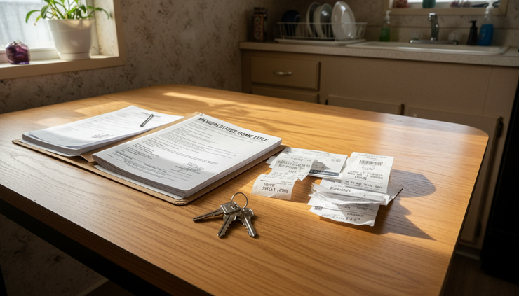 Eye-level view of title paperwork and keys on a kitchen table inside a manufactured home.