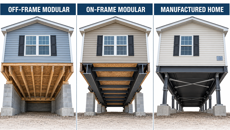 Three-panel comparison of house foundations labeled OFF-FRAME MODULAR, ON-FRAME MODULAR, and MANUFACTURED HOME.