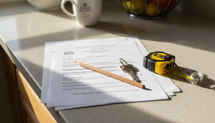 Overhead view of paper HOA documents and a house key on a kitchen counter