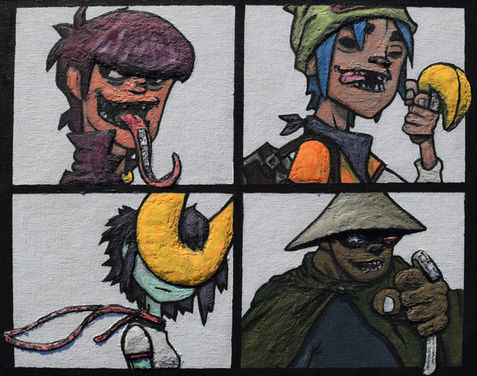 The 2001 "Gorillaz" self-titled album cover is reimagined, inspired by the song Dirty Harry (Schtung Chinese New Year Remix). Lyrics from the song are written on fortunes that the characters hold, with other elements such as guns and masks replaced by fortune cookies. Acrylic modeling paste is used to create 3D textures to the acrylic painting.