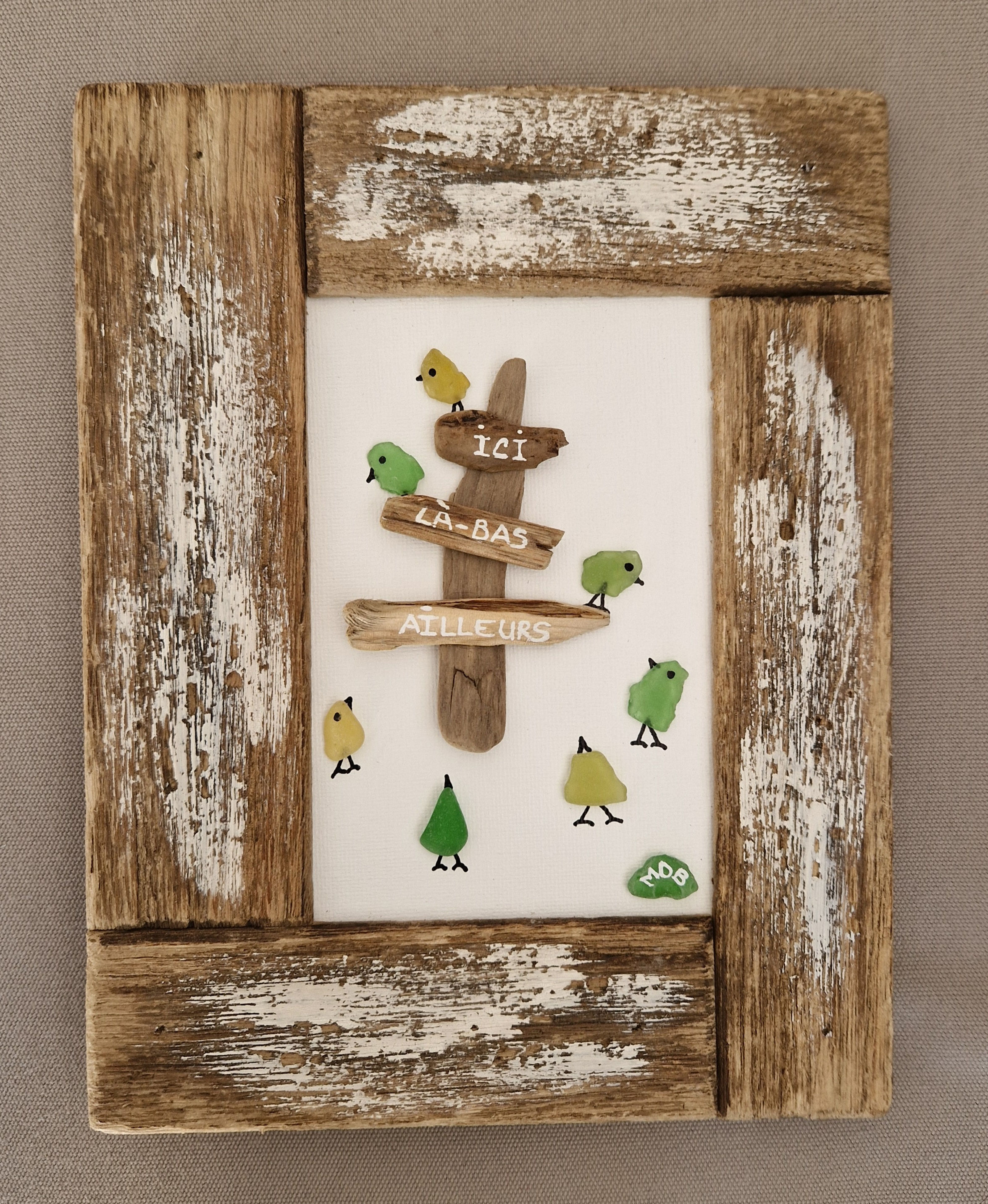 Oiseaux de verre sur panneau directionnel - 18x23cm
