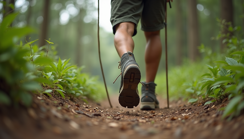 close-up view of hiking boots and backpack on a trail in Pantanal IA