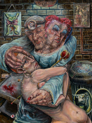 Oil on board painting showing queen of hearts as a conjoined at the head twin with a surgeon who is holding a nude woman with a shaved head where a buzz saw, dissected frog and altar with a dead fish can be seen