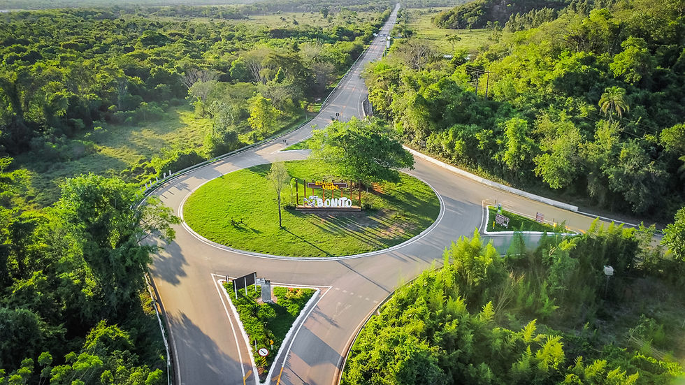 foto de drone mostrando a entrada da cidade de bonito ms mostrando o letreiro e a vegatacao verde e linda apos chuva