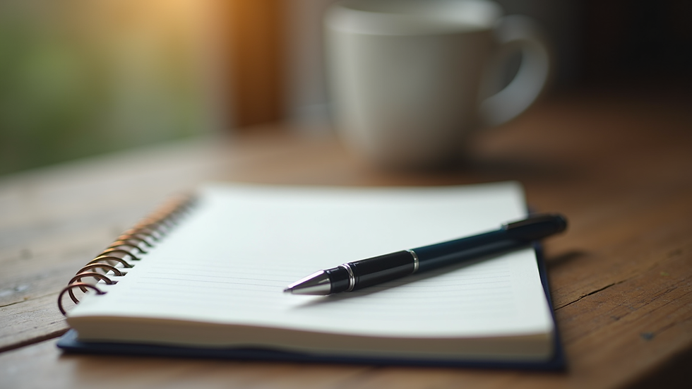Close-up view of a journal and pen on a wooden table, symbolizing reflection and goal setting