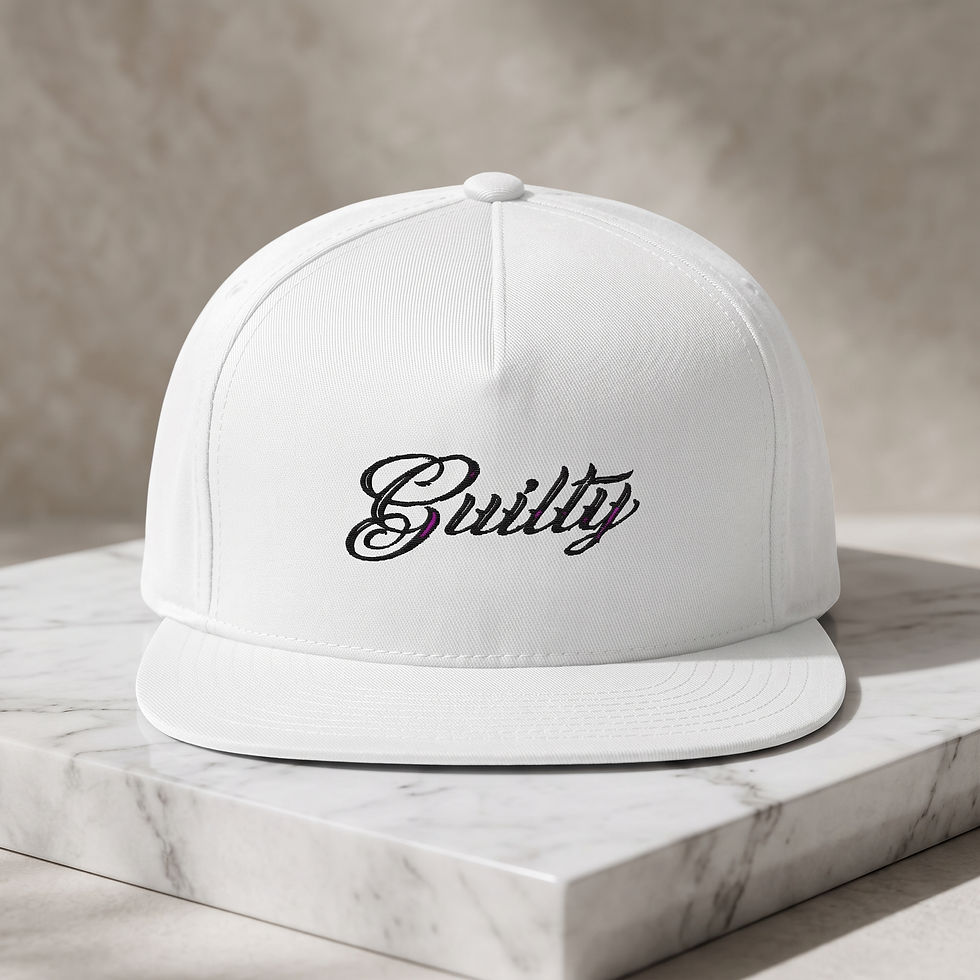 White GUILTY flat-bill snapback with black embroidery