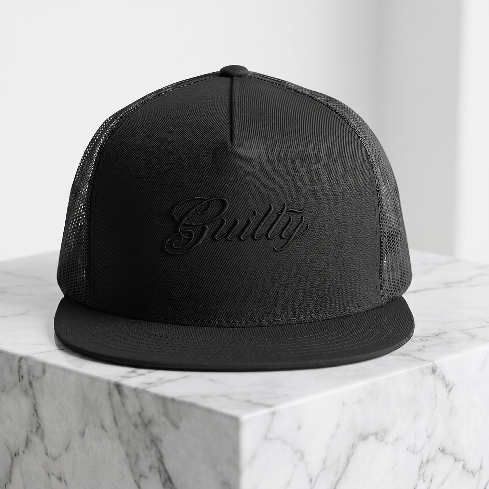 Black GUILTY flat-bill high-profile trucker cap