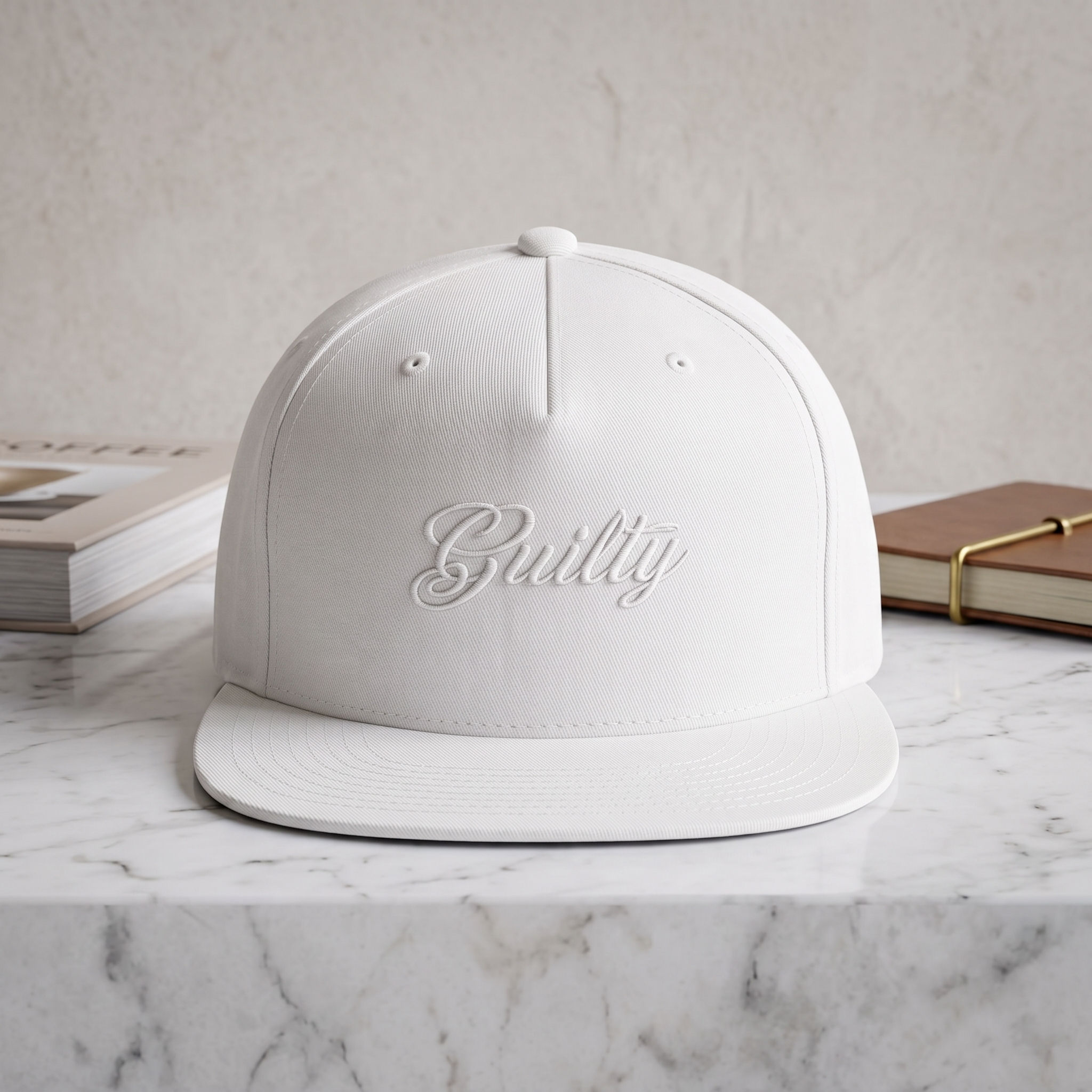 White GUILTY flat-bill snapback with white embroidery