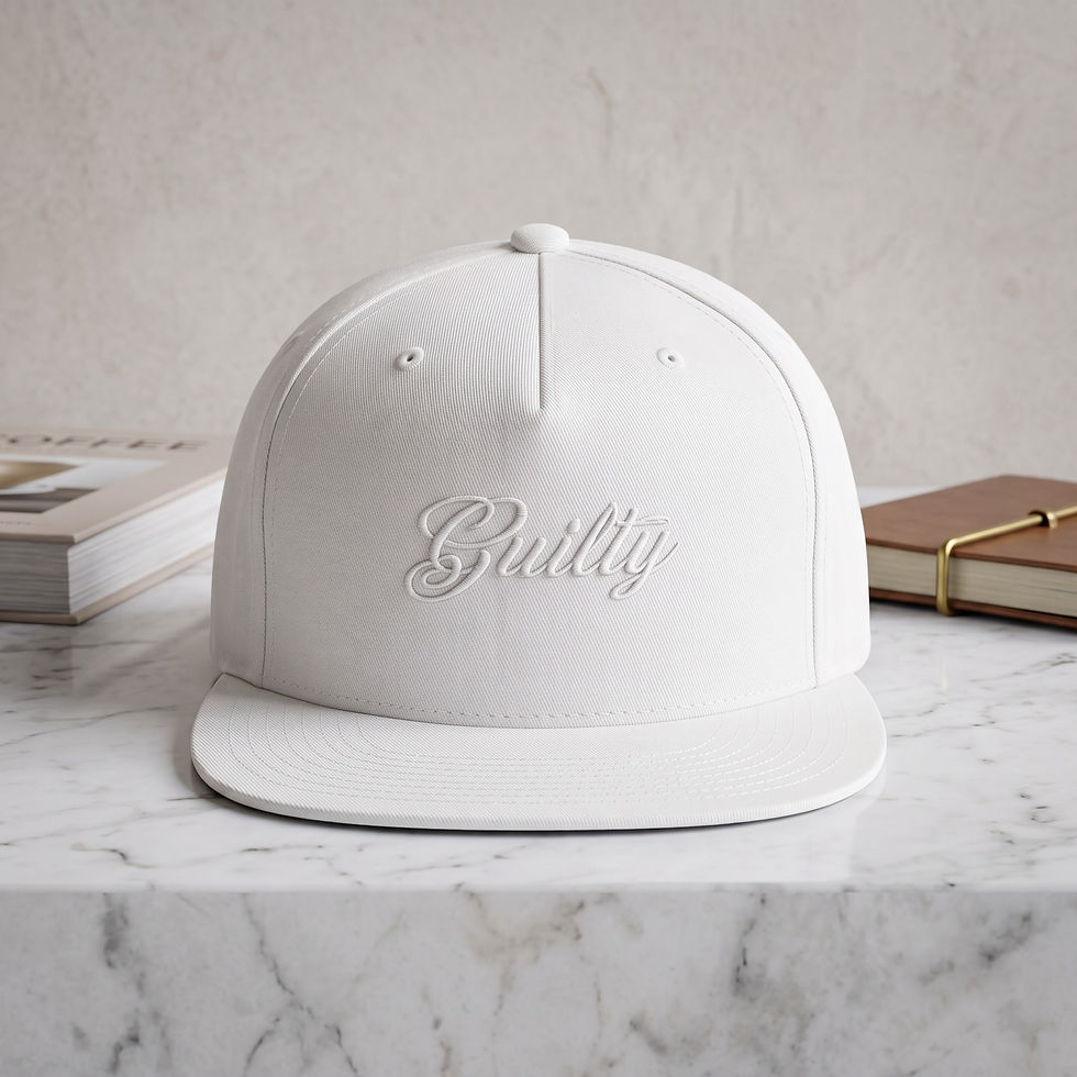 White GUILTY flat-bill snapback with white embroidery