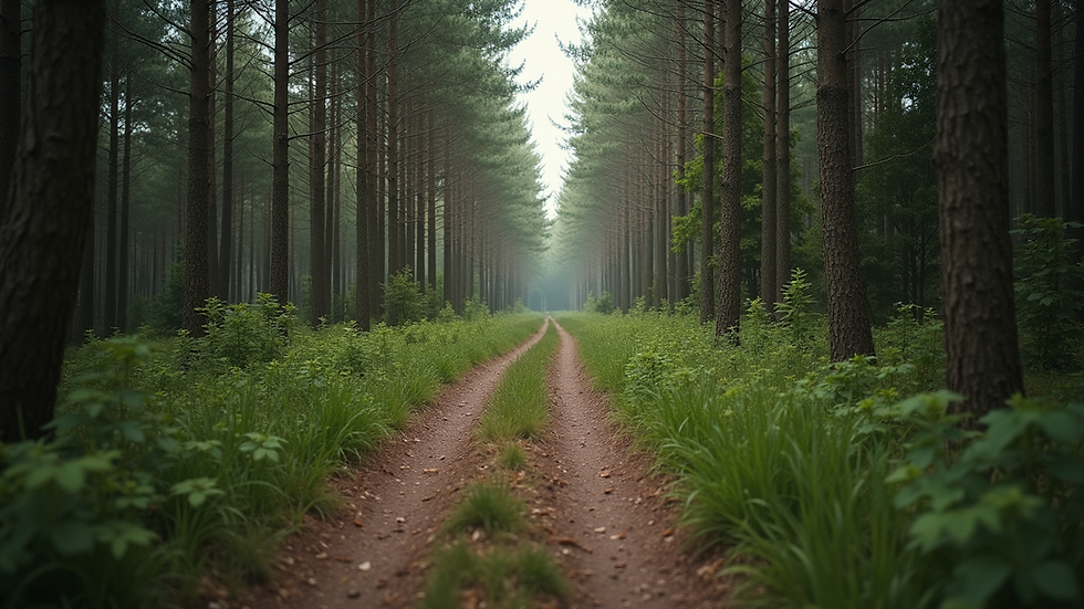 Eye-level view of a worn path leading through a quiet forest clearing