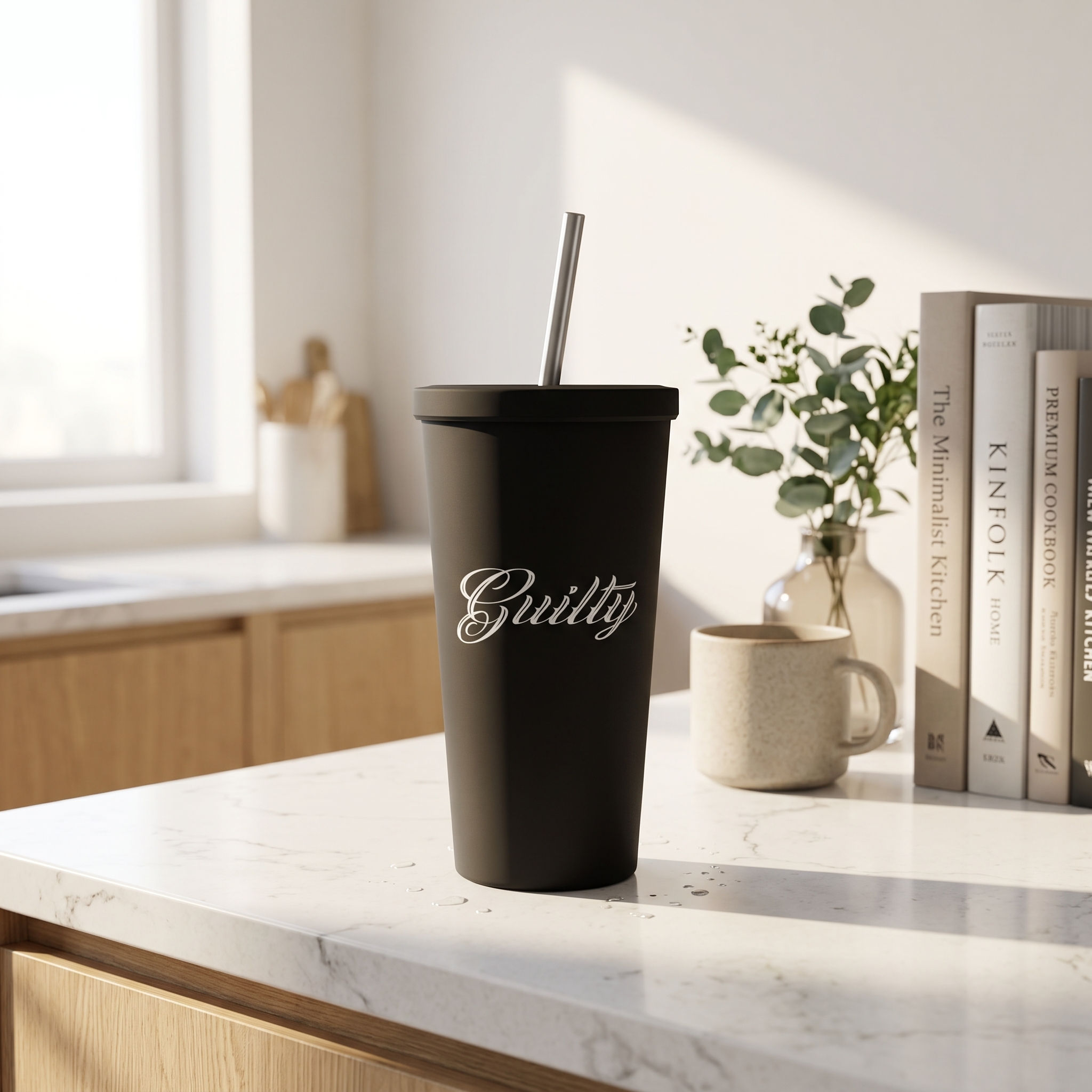 Black GUILTY 20-ounce insulated tumbler with straw
