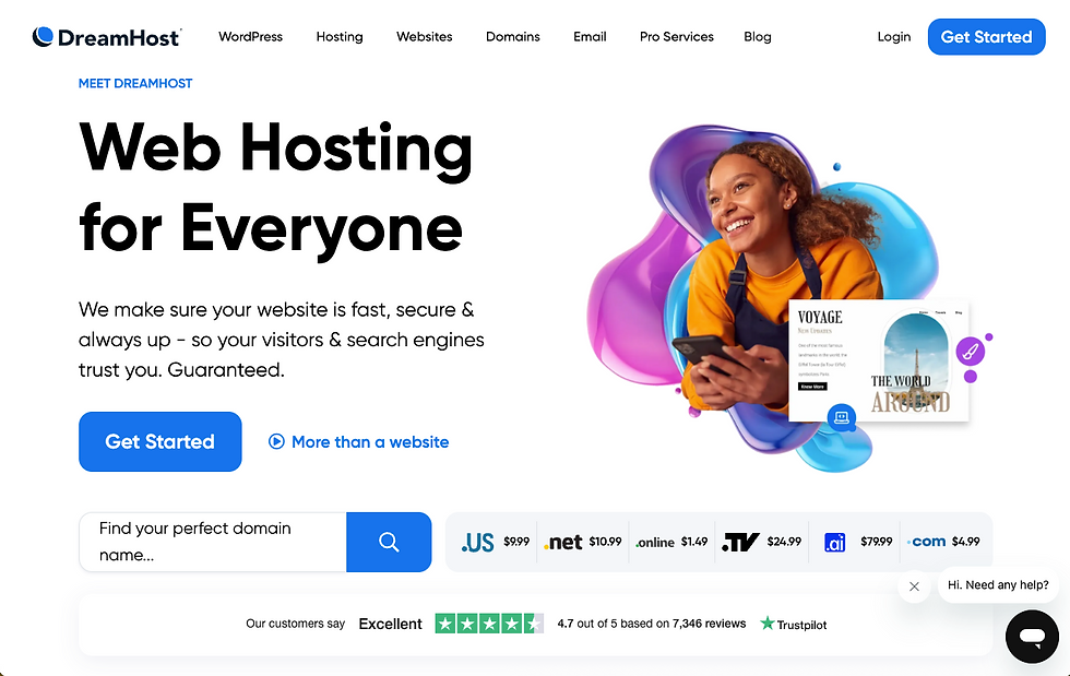 Dreamhost Home page: Smiling person with phone in front of colorful shapes, promoting "Web Hosting for Everyone." Includes pricing and "Get Started" button.
