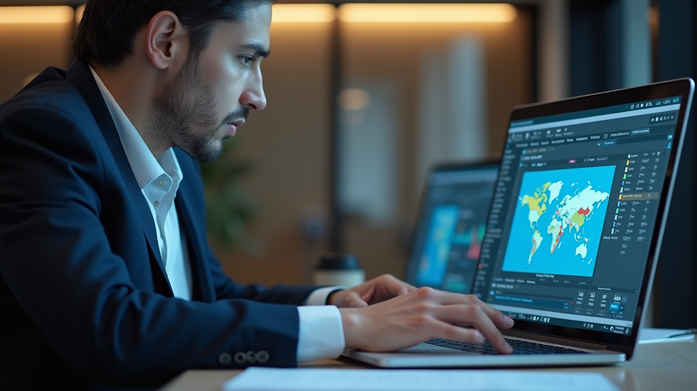 Close-up view of hotel manager analyzing data on a laptop