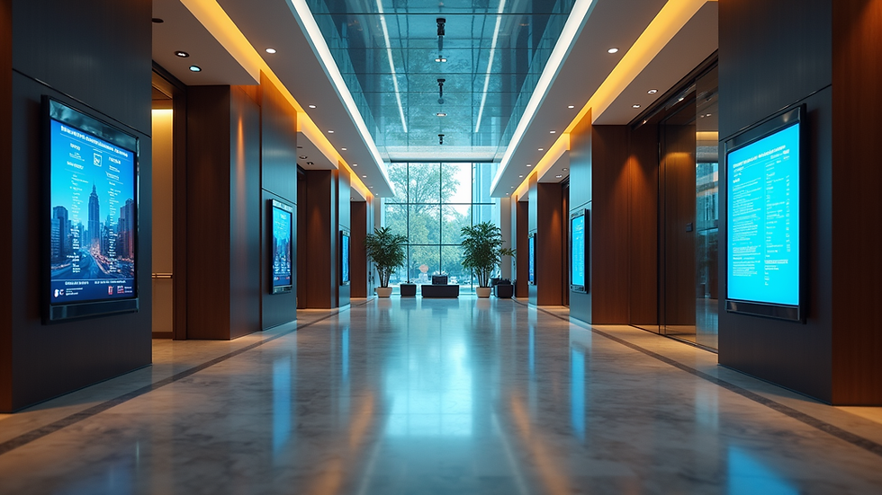 Eye-level view of a hotel lobby with digital data screens