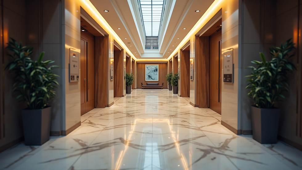 Eye-level view of hotel lobby with digital data overlay