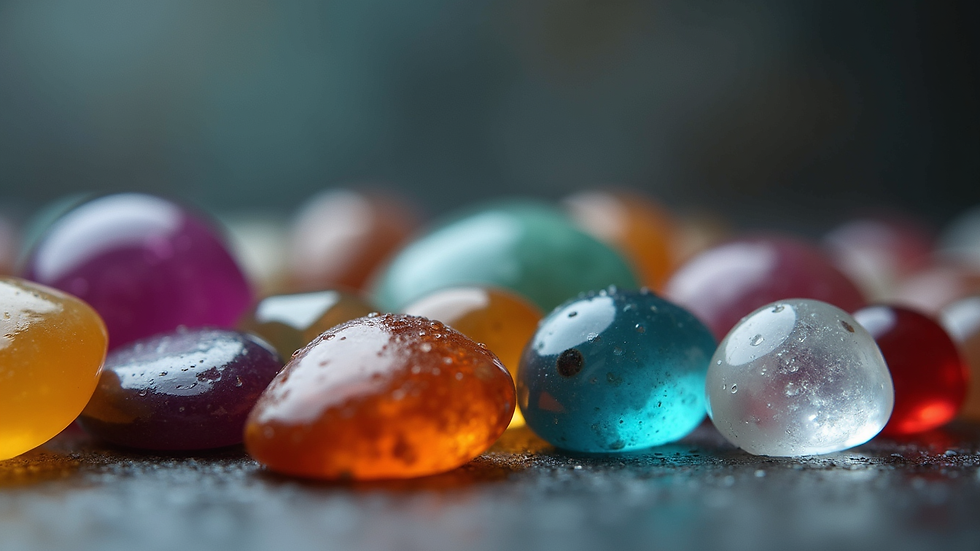 Eye-level view of a gemstone collection with various colorful stones