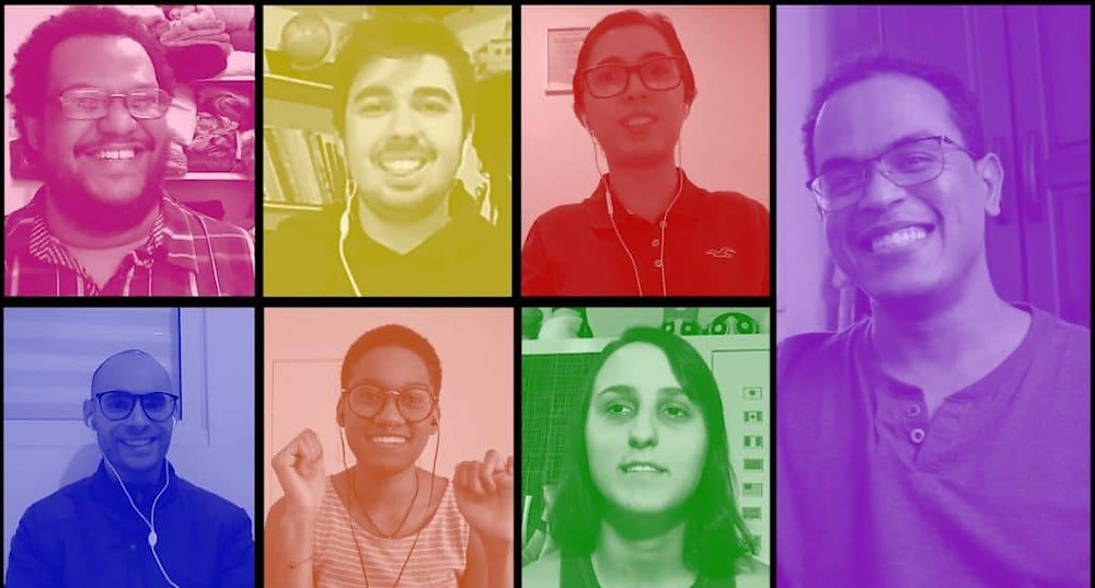 #Paracegover - Imagem dividida em 6 quadrados coloridos e um retângulo vertical (a direita). Em cada quadrado está um dos participantes do documentário. Canto superior esquerdo em rosa Fabio Sousa, abaixo em azul Pedro Jailson Silva, ao lado em laranja Polyana Sá, acima em amarelo Lucas Pontes de Andrade, ao lado em vermelho Fernanda Beatriz, abaixo em verde Alice Casimiro e no retângulo em roxo Cristiano Oliveira (autista e diretor do documentário)