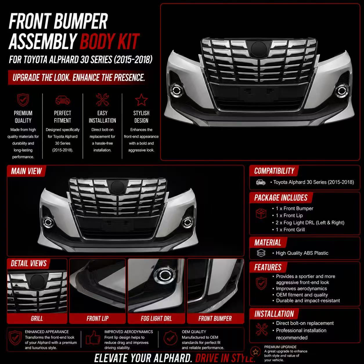Front Bumper Assembly Body Kit for Toyota Alphard 30 Series (2015-2018)