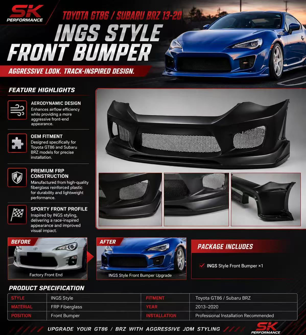 INGS Style front bumper For 2013-2020 Toyota GT86 BRZ